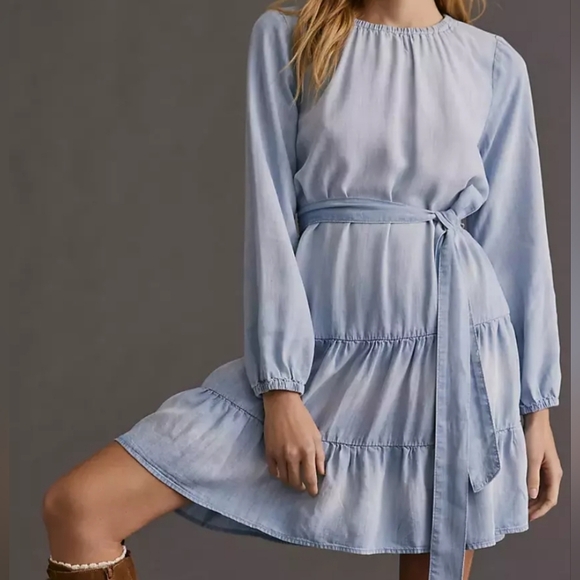 CLOTH & STONE LONG SLEEVE BELTED RUFFLE SKIRT CHAMBRAY Mini DRESS POWDER BLUE LG - Picture 1 of 16